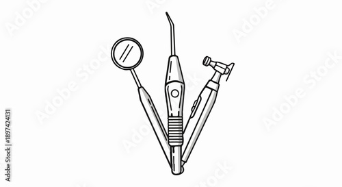 Black and white line drawing of dental tools mirror, pick, and drill