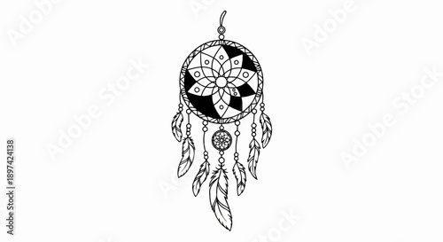 Intricate black and white dream catcher with geometric patterns and dangling feathers