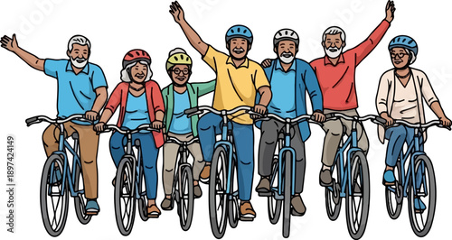 Group of diverse seniors enjoying a happy bicycle ride together