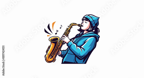 A person in a blue hoodie and beanie plays a golden saxophone, with musical notes and sound waves