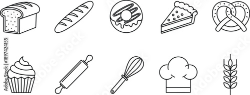 A collection of black and white line art icons for bakery, baking, and pastry making
