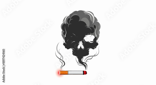 Skull formed by dark smoke billowing from a lit cigarette on a white background