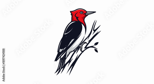 Stylized red-headed bird perched on a thin branch with dark leaves