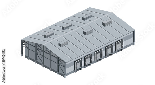 Industrial Warehouse Building with Loading Docks and Skylights - Architectural Rendering