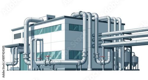 Industrial plant with pipes and complex network of tubes and valves for manufacturing and production processes