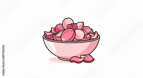 A pink bowl brimming with delicate pink flower petals, some scattered around the base