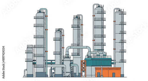 Industrial oil refinery plant with multiple distillation towers and processing units