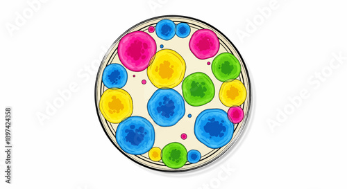 A whimsical, hand-drawn circle filled with colorful, irregular blobs and small dots