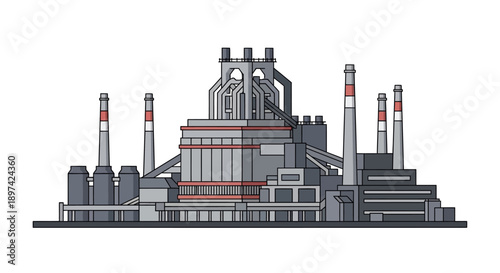 A detailed illustration of a large industrial steel mill facility with multiple chimneys and buildings