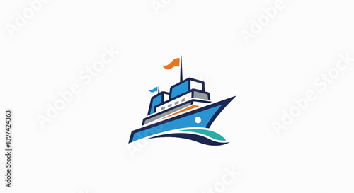 Stylized blue ship with orange and blue flags sails on colorful waves