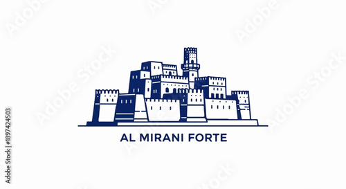 Stylized navy blue drawing of a fortified castle on a white background