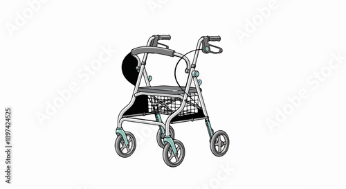 A walker with wheels, a seat, and a basket for carrying items