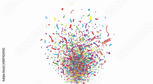 Burst of colorful confetti and streamers explodes outward against a white background, celebrating festivity