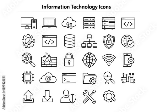 Information Technology Line Icons Set – Network, Cloud, Coding  Data Symbols