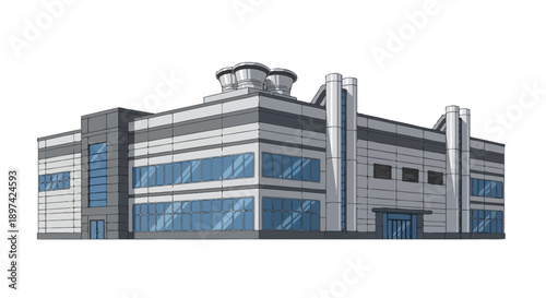 Modern Industrial Building with Large Windows and Cooling Towers - Exterior View