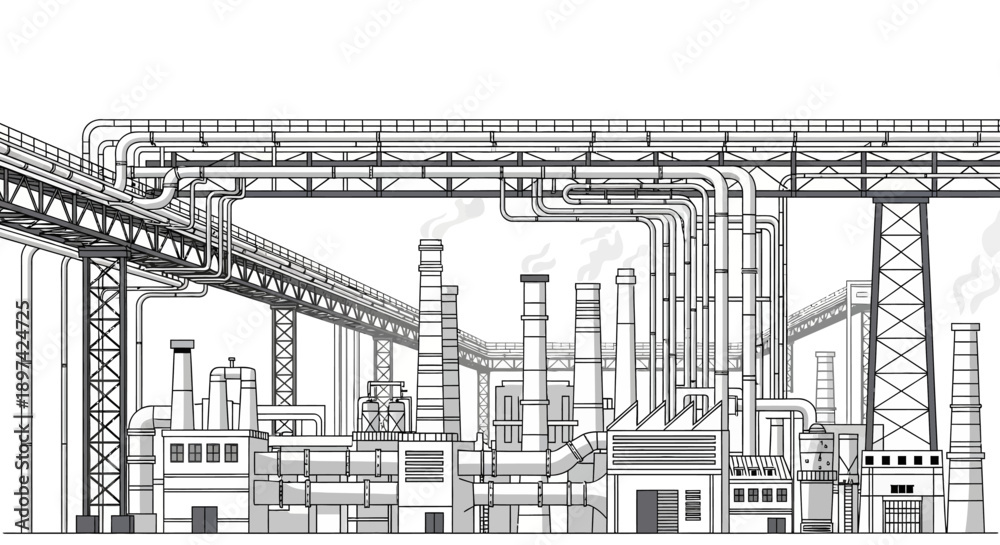 Obraz premium Industrial manufacturing complex with intricate pipe systems and smoking chimneys, a detailed line art illustration