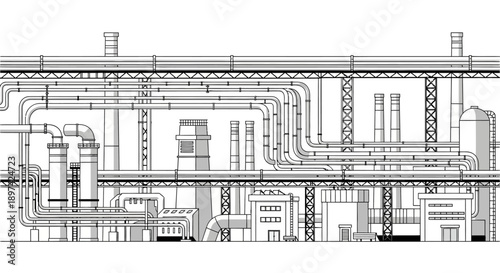 Industrial factory with complex network of pipes and chimneys, representing manufacturing and production processes