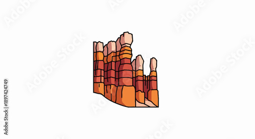 Stylized pixel art depiction of orange and red layered rock formations against a white background