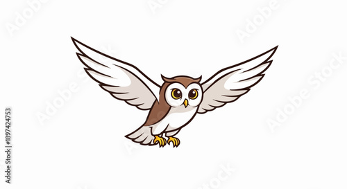 Cartoon owl with wings spread wide, in flight, with large expressive eyes