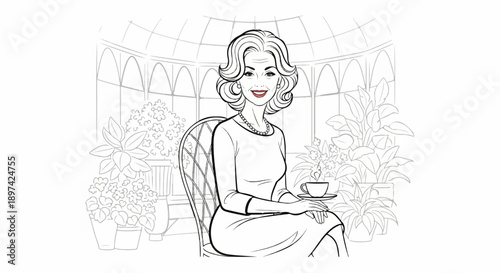 Elegant woman enjoys tea in a sunlit conservatory amidst lush plants