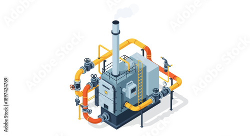 Industrial Boiler System with Pipes and Chimney Illustration