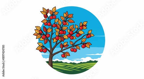 A cartoon style illustration of a mature fruit tree laden with ripe red apples