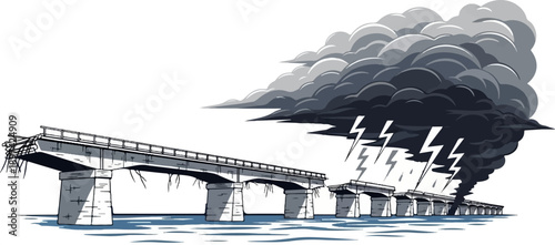 A broken bridge is depicted under a stormy sky with lightning and rain