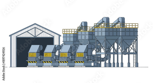 Industrial facility with large machinery and storage silos, showcasing manufacturing processes and raw material handling