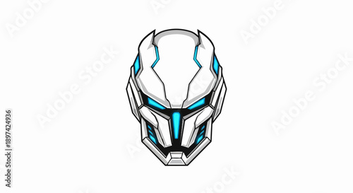 Futuristic white robotic head with glowing blue accents and sharp angles