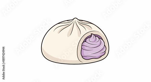 A stylized illustration of a bao bun with a purple filling peeking through