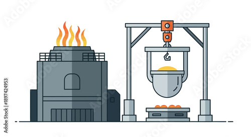 Industrial furnace with molten metal being poured by a crane in a factory setting