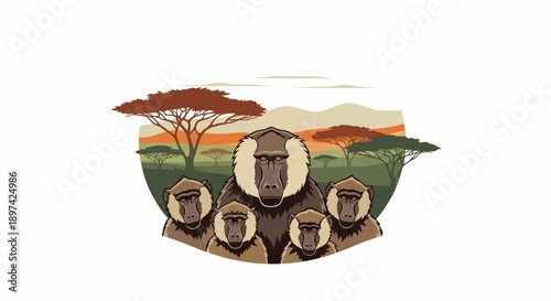 A stylized illustration depicts a family of baboons in a savanna landscape with acacia trees and rolling hills