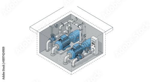 Industrial Water Pump System Installation with Multiple Pumps and Piping Network