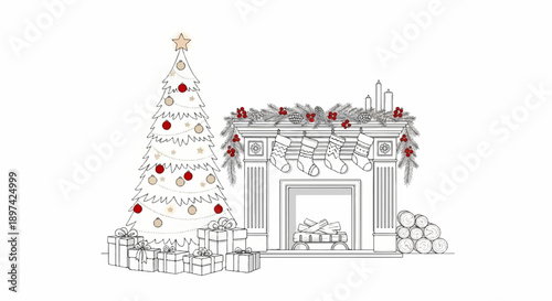 A festive scene with a decorated tree, presents, stockings on a fireplace, and logs