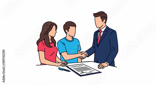 Two people finalize a deal with a suited individual, shaking hands over a contract