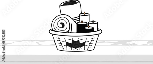 A basket holds rolled items and lit candles, with a decorative pattern