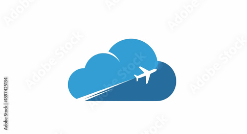 A stylized white airplane ascends within a blue cloud formation