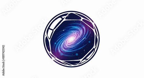A swirling galaxy of purples, blues, and pinks encased within a stylized white circular frame