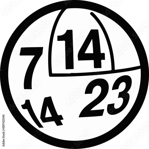Bold black numbers 7, 14, 14, and 23 within a circular and segmented design