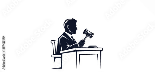 Silhouette of a robed figure at a desk, holding a gavel over a sounding block
