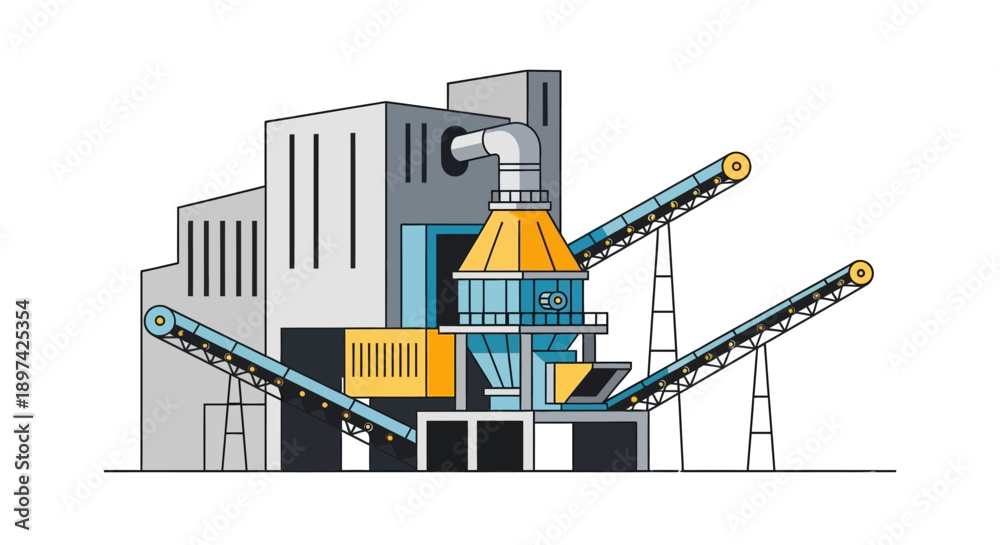 Fototapeta premium Industrial processing plant with conveyor belts and towering structures illustrating manufacturing and production