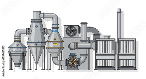 Industrial facility with complex machinery and cooling systems, illustrating manufacturing processes