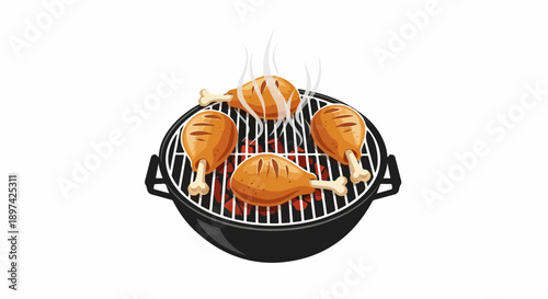 Four crispy chicken legs cooking on a hot grill with smoke rising