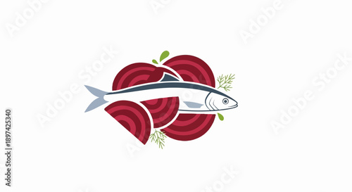 A stylized fish with beets and dill, presented on a white background