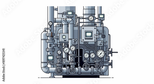 Intricate industrial piping system with gauges, valves, and screens, rendered in a pixel art style