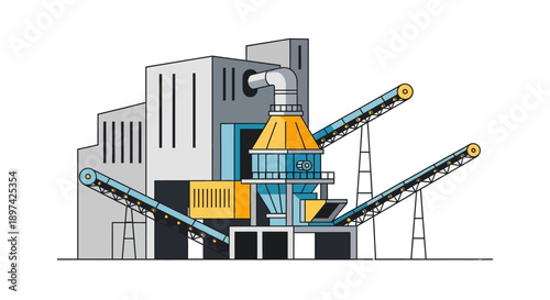 Industrial processing plant with conveyor belts and towering structures illustrating manufacturing and production