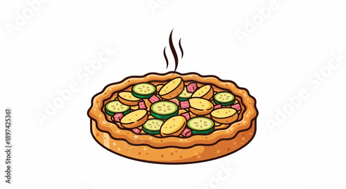 A cartoon illustration of a round, steaming pie with a golden crust and colorful toppings like zucchini and ham