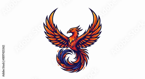 Mythical firebird with wings spread wide, fiery plumage, and swirling tail