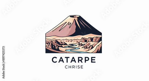 Stylized pixel art depicts a conical mountain and winding river landscape with text below