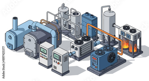 Industrial Power Plant Equipment Boiler, Generators, Cooling Towers, and Control Systems in Isometric View